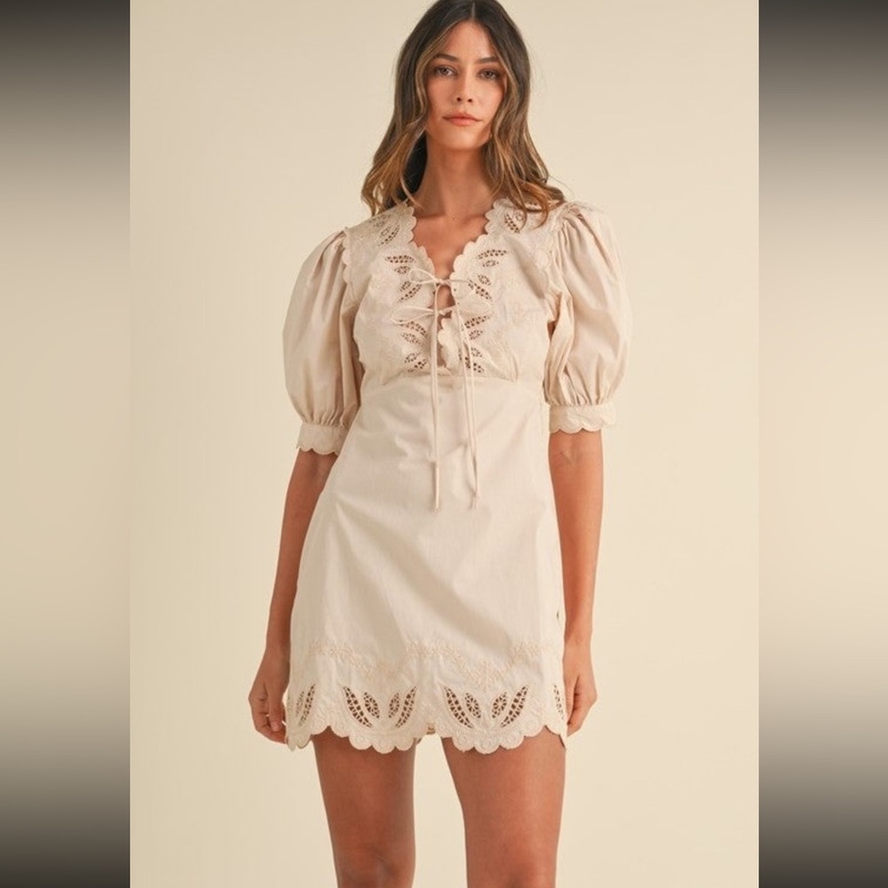 Mable Embroidered Puff Sleeve Double Tie Dress